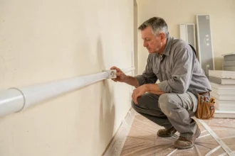 Électricien inspectant une prise électrique sur goulotte blanche dans un salon en cours de rénovation