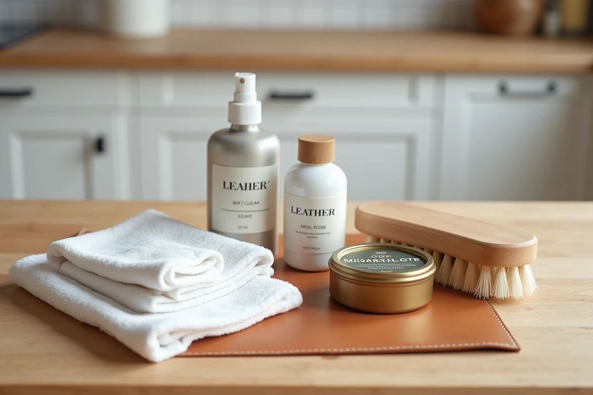 Produits d'entretien pour canapé en cuir disposés en flat lay : spray nettoyant, chiffon, baume et brosse douce