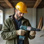 Professionnel du bâtiment inspectant un outil de chantier loué dans un bâtiment en rénovation