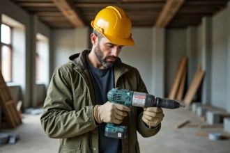 Professionnel du bâtiment inspectant un outil de chantier loué dans un bâtiment en rénovation