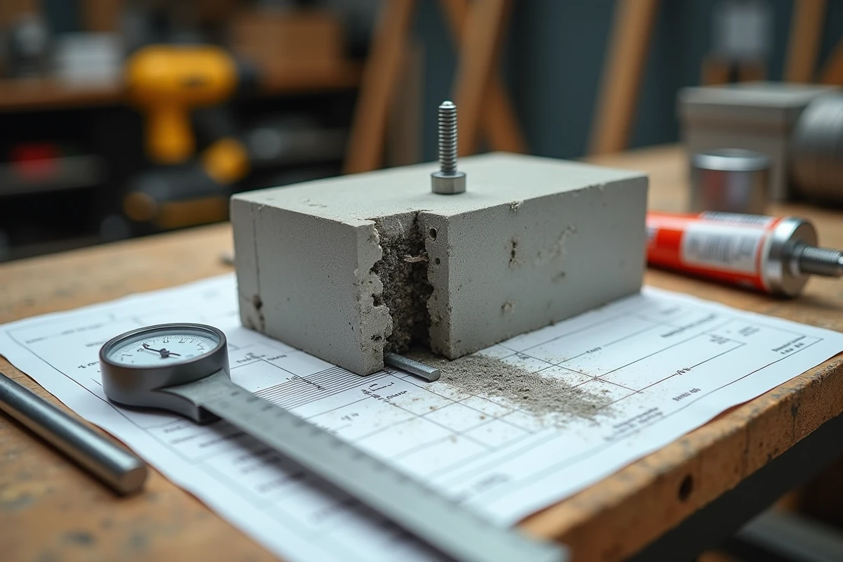 Vue à plat des outils et matériaux pour calculer la profondeur de perçage en scellement chimique