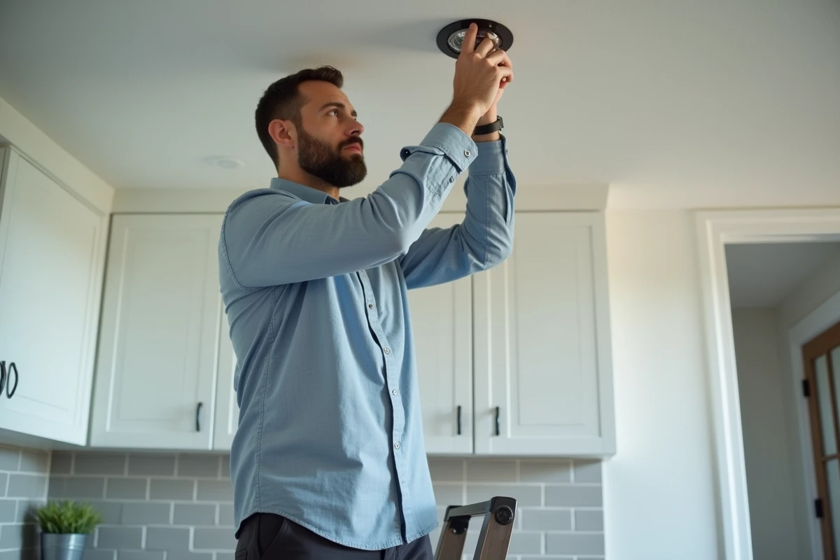 Designer d'intérieur réglant l'angle d'un spot encastrable dans une cuisine moderne pour éviter l'éblouissement