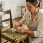 Femme en tablier de lin rempaillant une chaise vintage en bois dans un salon parisien au parquet en chêne