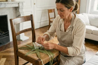 Femme en tablier de lin rempaillant une chaise vintage en bois dans un salon parisien au parquet en chêne