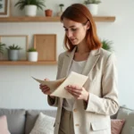 Femme tenant des échantillons de tissu de printemps dans un salon rénové de style scandinave pour un renouveau déco Callmespring
