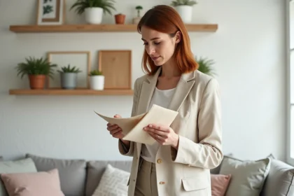 Femme tenant des échantillons de tissu de printemps dans un salon rénové de style scandinave pour un renouveau déco Callmespring