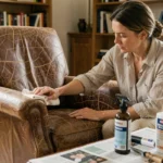 Femme appliquant un produit rénovateur sur un fauteuil en cuir abîmé lors d'une restauration maison