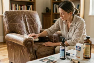 Femme appliquant un produit rénovateur sur un fauteuil en cuir abîmé lors d'une restauration maison