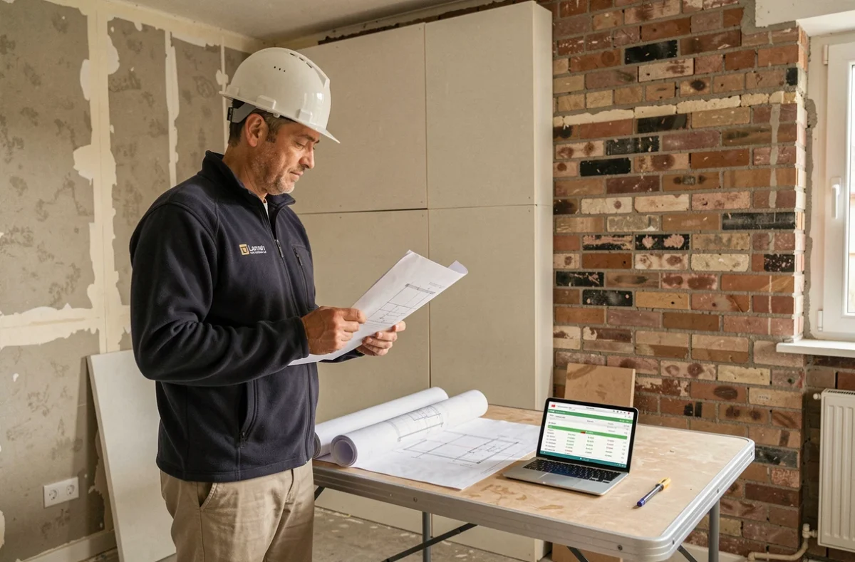 Chef de projet Rénovéa examinant des plans de rénovation et d'isolation dans une maison en travaux à Clamart