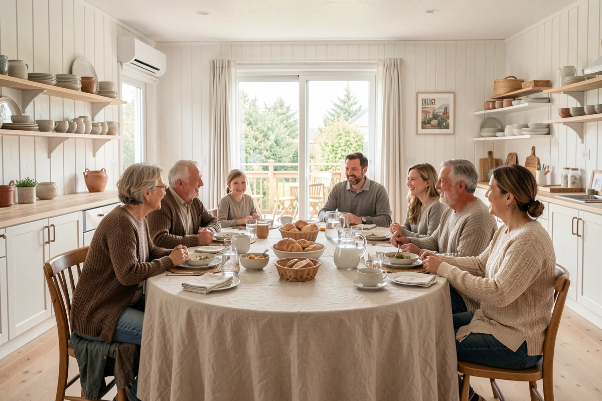 Repas convivial en famille autour d'une table ronde de 10 personnes avec espace de circulation dégagé dans une cuisine scandinave
