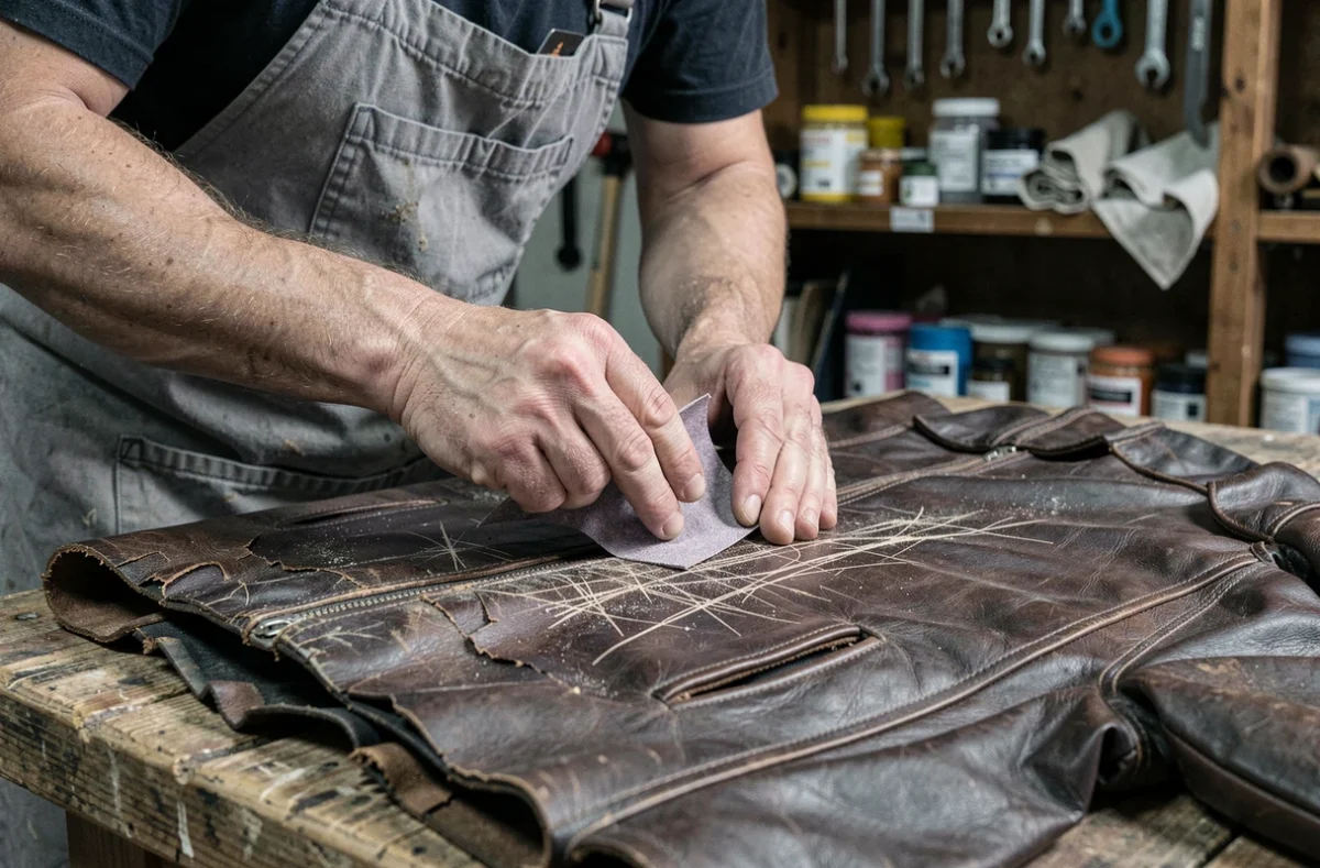 Homme ponçant les griffures d'une veste en cuir très abîmée sur un établi d'atelier