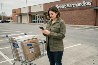 Femme consultant son smartphone dans la zone de retrait marchandises d'un magasin Alinea sur un parking extérieur