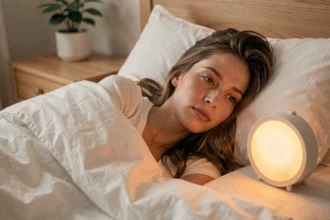 Femme qui se réveille paisiblement grâce à une alarme lumineuse simulant le lever du soleil dans une chambre scandinave
