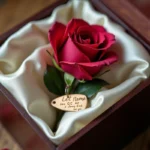 Rose personnalisée de La Belle et la Bête dans un coffret en bois avec prénom et date gravés sur étiquette dorée