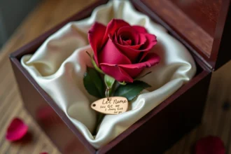 Rose personnalisée de La Belle et la Bête dans un coffret en bois avec prénom et date gravés sur étiquette dorée