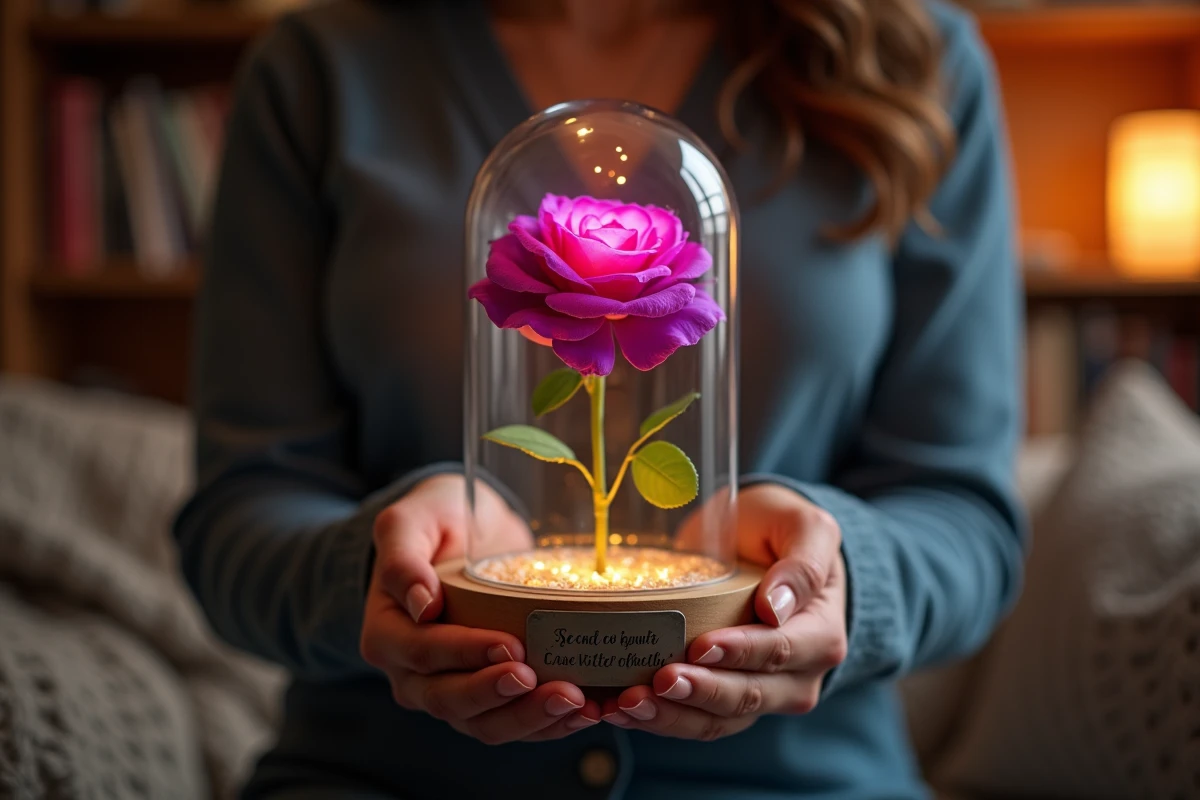 Femme tenant une rose éternelle sous cloche en verre gravée d'un message personnalisé romantique
