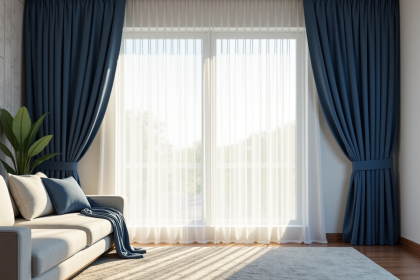 Salon lumineux avec rideaux blancs et bleu marine élégamment drapés