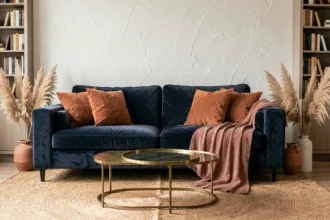Salon chic avec canapé bleu marine en velours associé à des coussins terracotta et un jeté rose poudré sur tapis en jute naturel