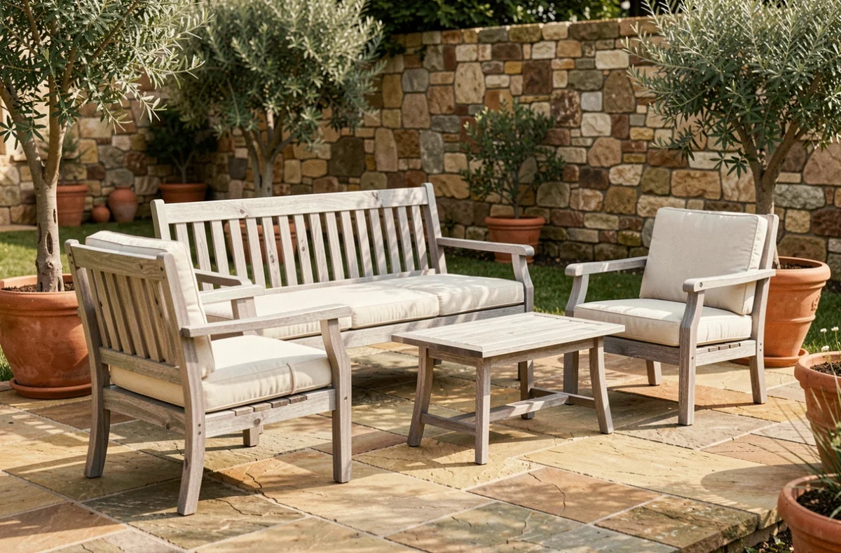Salon de jardin en teck massif patiné sur terrasse en pierre naturelle avec coussins blancs et oliviers en pot