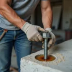Ouvrier insérant un boulon d'ancrage dans du béton avec résine chimique pour scellement de vis