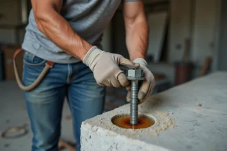 Ouvrier insérant un boulon d'ancrage dans du béton avec résine chimique pour scellement de vis
