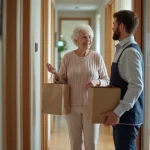 Femme senior recevant une livraison d'épicerie à la porte