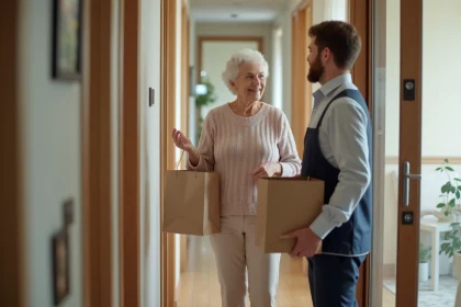 Femme senior recevant une livraison d'épicerie à la porte