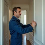 Serrurier professionnel posant une serrure renforcée dans un appartement parisien