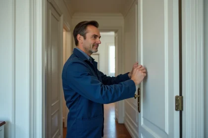 Serrurier professionnel posant une serrure renforcée dans un appartement parisien