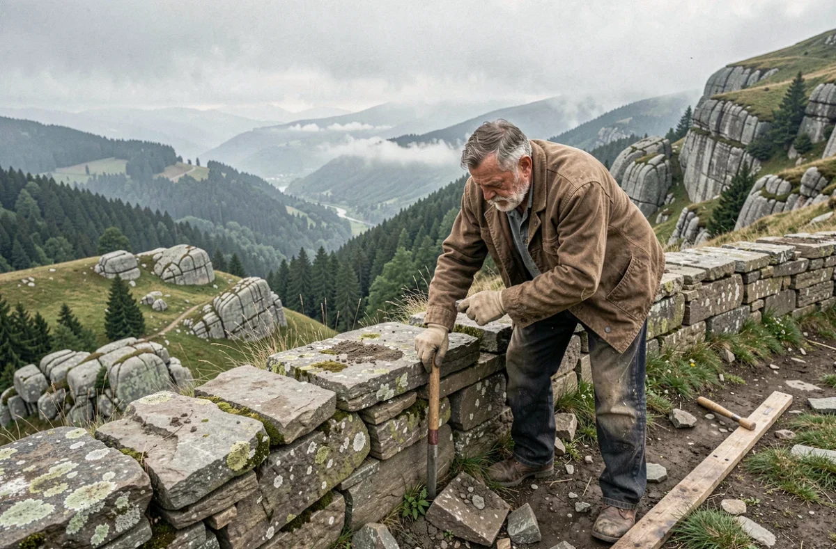 Maçon construisant un mur en pierre sèche traditionnelle dans les Monts du Forez pour la société Soroc