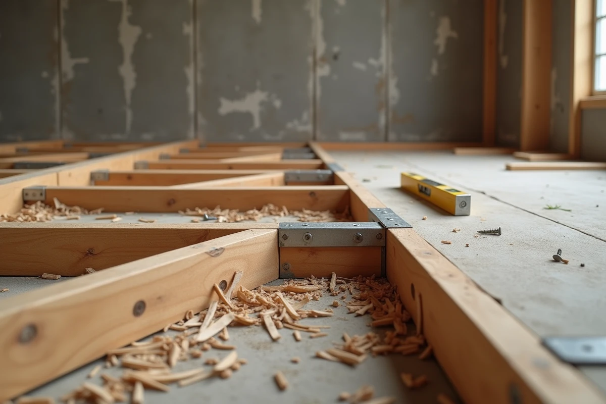Structure de solives et lambourdes en bois avec connecteurs métalliques galvanisés dans un chantier de rénovation intérieure