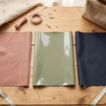 Swatches de tissu enduit mat et brillant disposés à plat avec une trousse et un lunch bag artisanaux sur une table en bois
