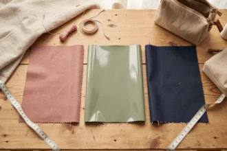 Swatches de tissu enduit mat et brillant disposés à plat avec une trousse et un lunch bag artisanaux sur une table en bois