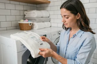 Femme lisant l'étiquette d'entretien d'un pull blanc devant une machine à laver moderne dans une buanderie rangée
