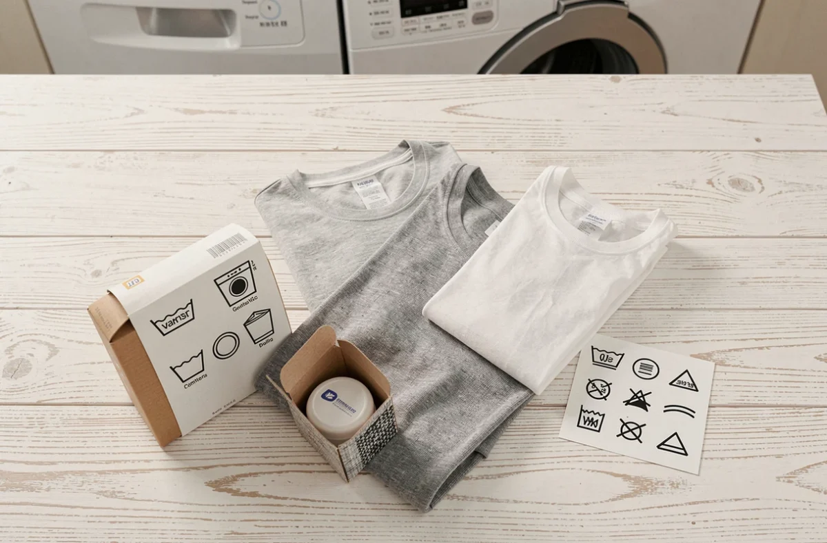 Vue de dessus d'étiquettes de symboles de lavage posées sur des vêtements pliés avec une boîte de lessive sur un plan de travail blanc