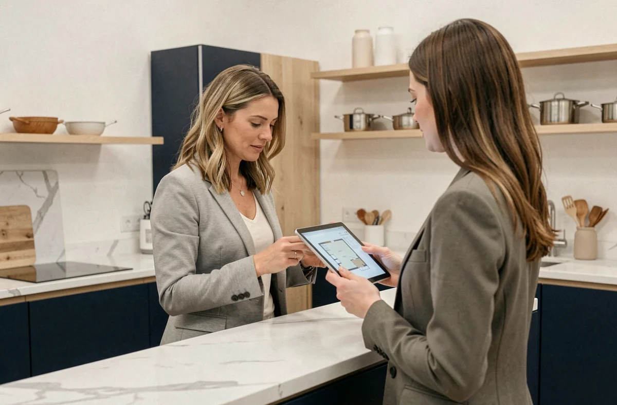 Conseillère chez System H à Saint-Vincent-de-Tyrosse montrant un plan de cuisine numérique à une cliente dans le showroom