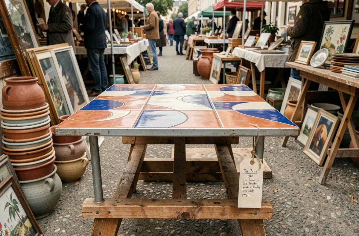 Table basse Capron exposée sur un stand de brocante française avec étiquette de prix manuscrite