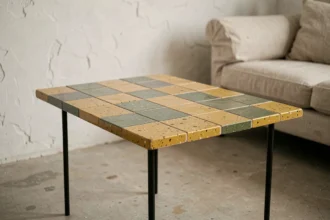 Table basse Capron en céramique émaillée aux carreaux moutarde et vert olive dans un salon minimaliste vintage