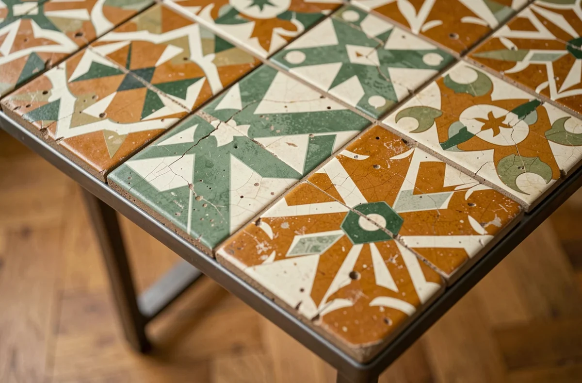 Gros plan sur les carreaux en céramique émaillée d'une table basse Capron montrant la patine et les motifs géométriques d'origine