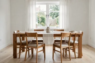 Table et chaises en teck massif dans une salle à manger scandinave lumineuse avec parquet clair et décoration minimaliste