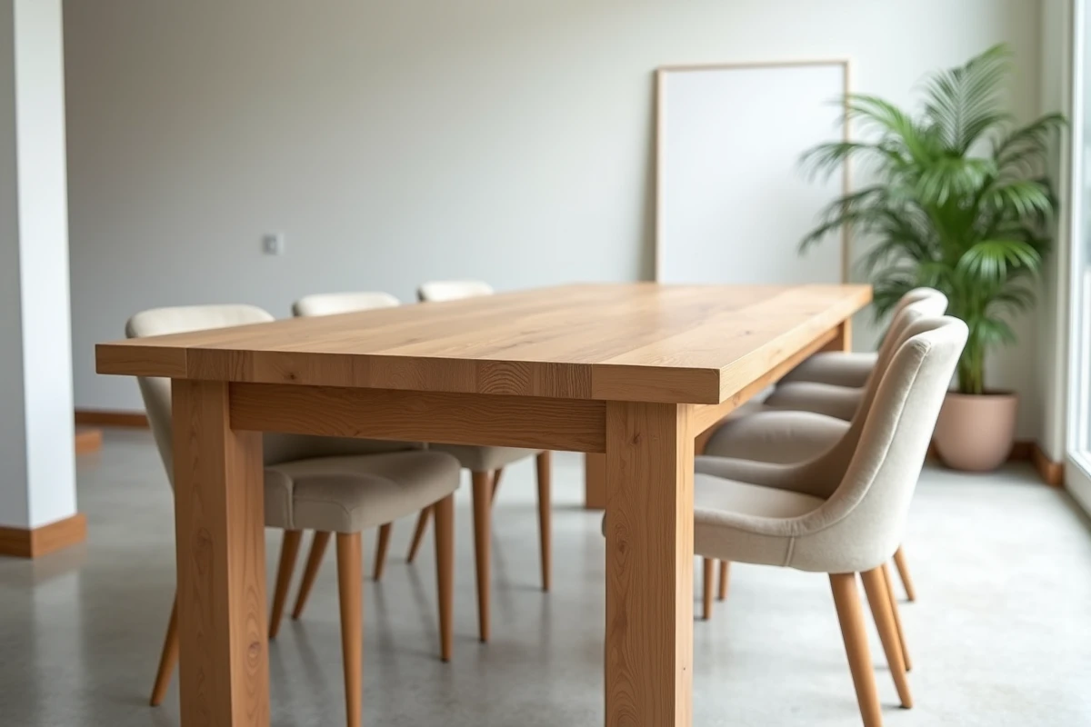 Table à manger en chêne massif avec assemblages tenon et mortaise apparents dans une salle à manger moderne de style scandinave