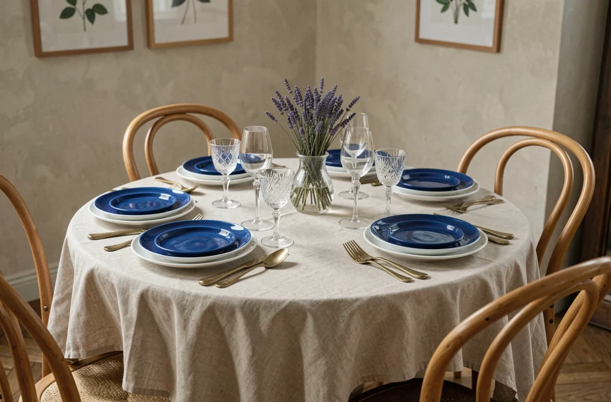 Table dressée de style parisien avec assiettes en céramique bleu cobalt, couverts en laiton vieilli et nappe en lin brut pour un repas chic