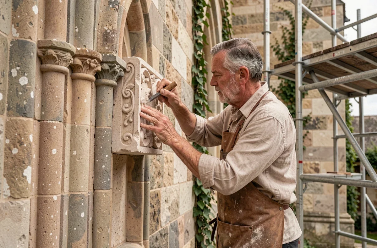 Artisan maçon spécialisé en restauration de patrimoine travaillant sur une façade en pierre ancienne à Sury-le-Comtal