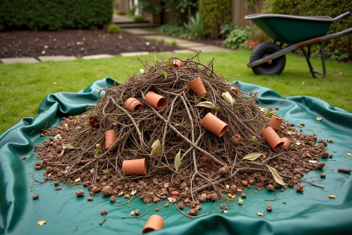 Tas de déchets végétaux et branchages sur une bâche verte après un grand nettoyage de jardin au printemps