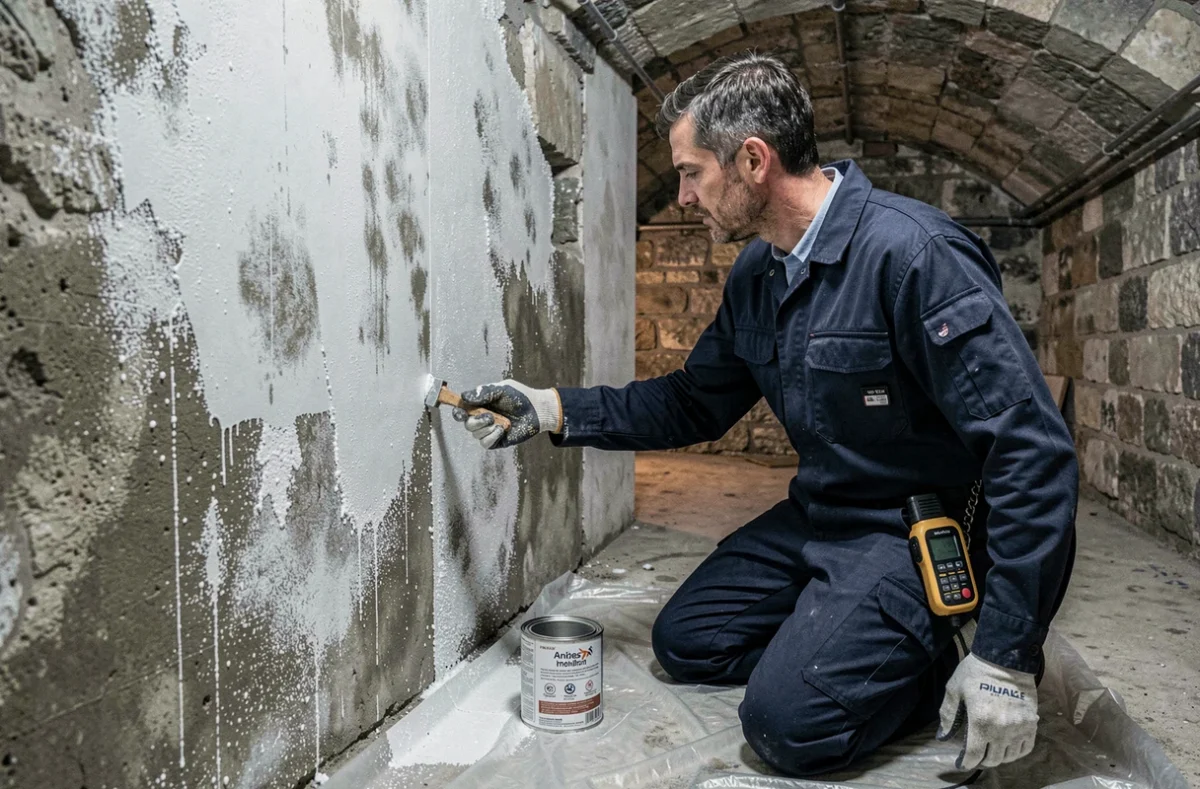 Spécialiste Techni-Murs traitant l'humidité sur un mur de cave à Asnières-sur-Seine avant isolation