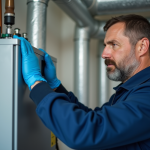 Technicien en bleu examine une grande chaudière à eau thermodynamique
