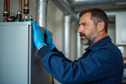 Technicien en bleu examine une grande chaudière à eau thermodynamique