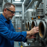 Technicien inspectant un filtre industriel en usine