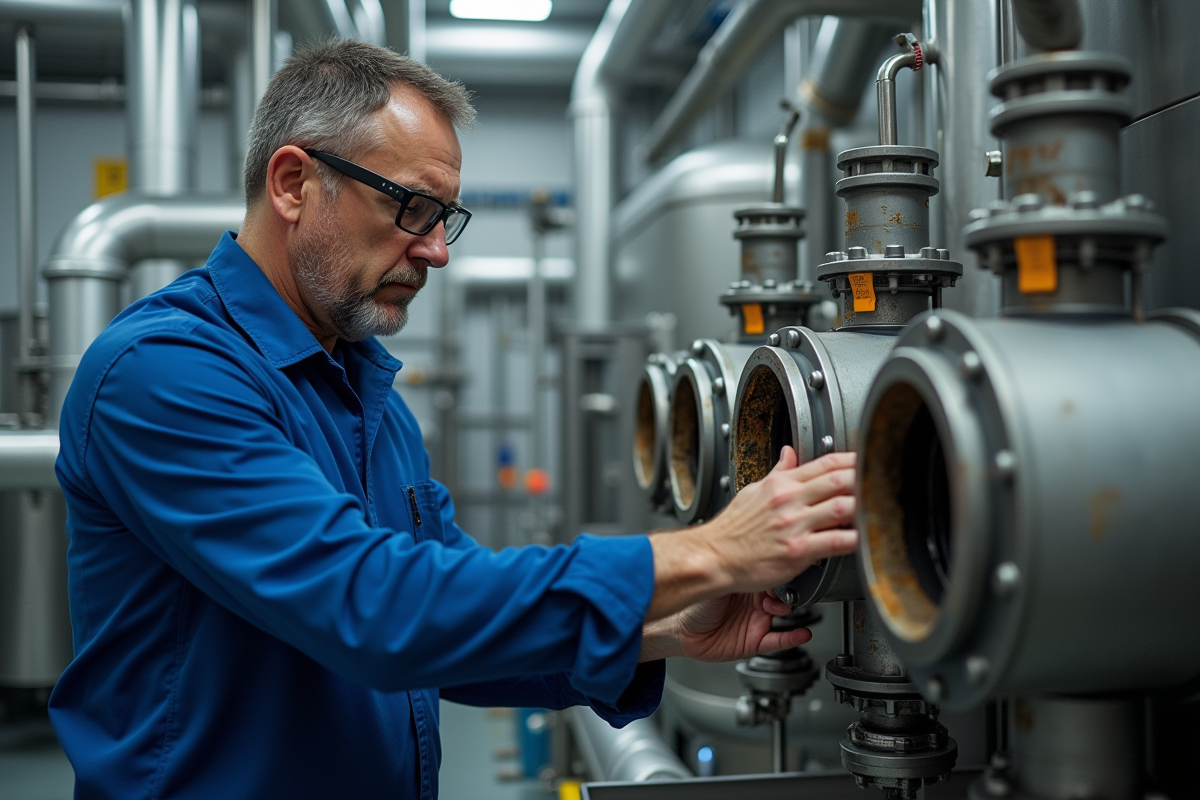 Technicien inspectant un filtre industriel en usine