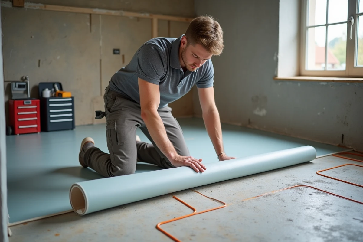 Technicien posant un rouleau de PVC sur un sol en construction